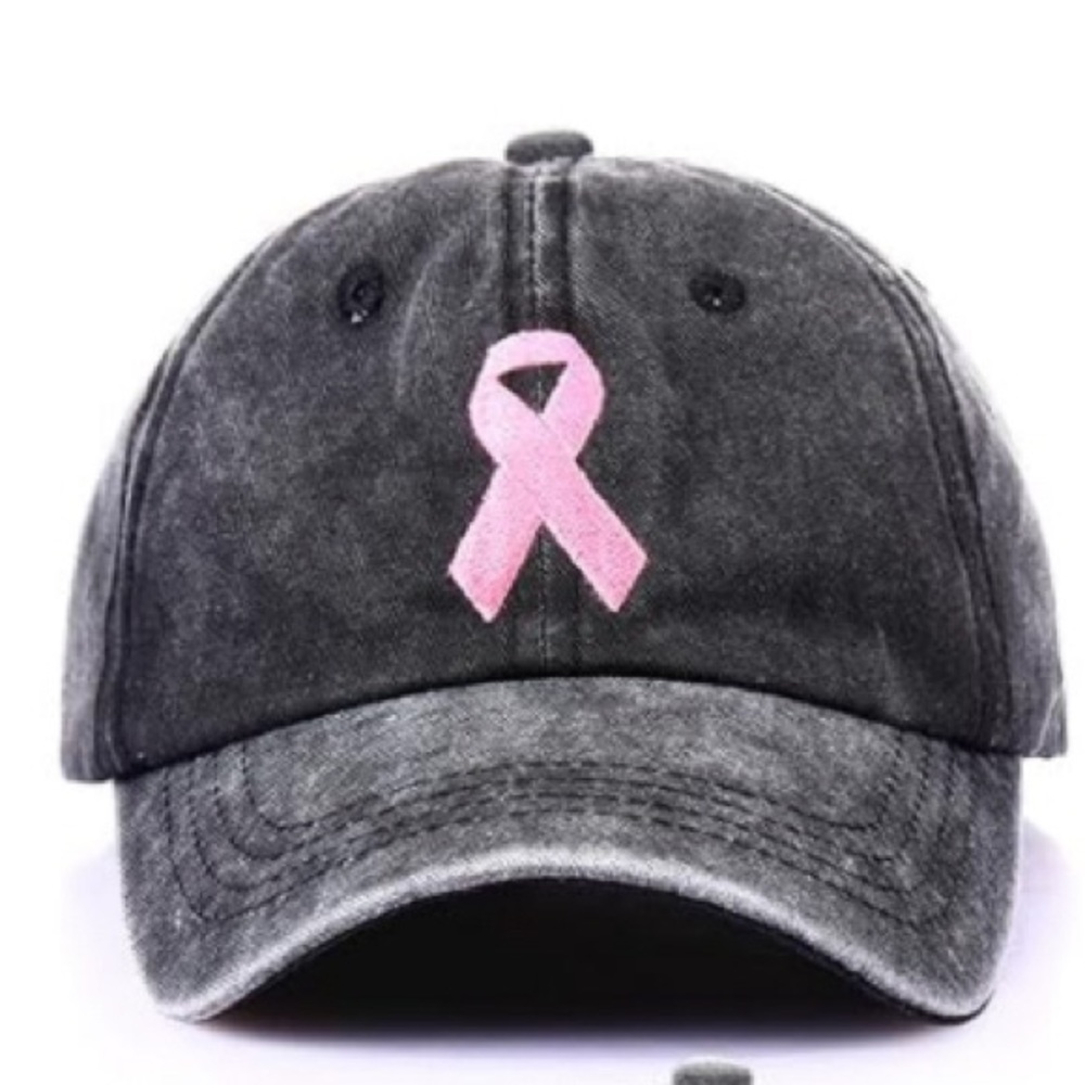 NWT Pink Ribbon Breast Cancer Awareness embroidered hat in washed grey